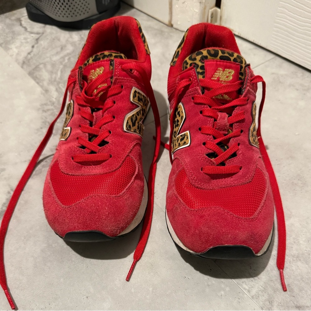 New Balance Red Sneakers with Leopard Accents